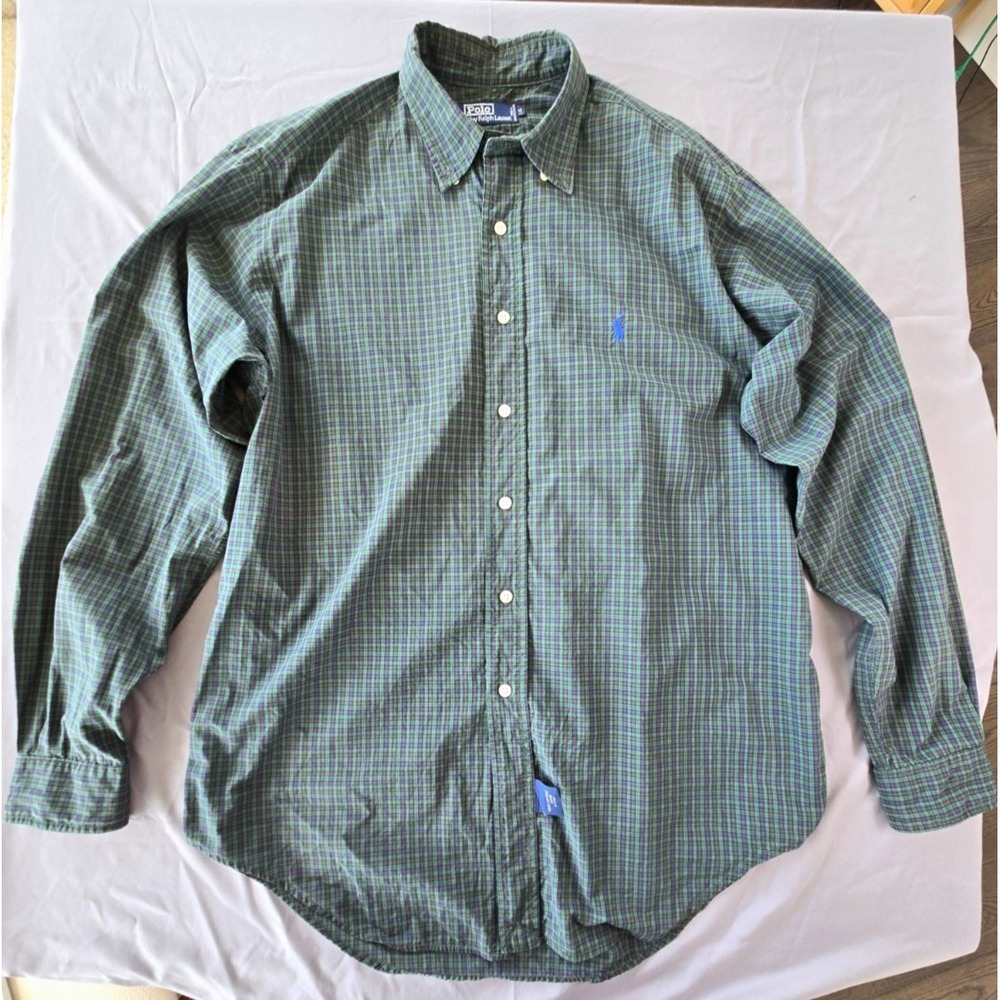 Vintage Polo Ralph Lauren Green Checker Plaid Button Up Shirt M Sz L Y2K Preppy - Picture 11 of 16